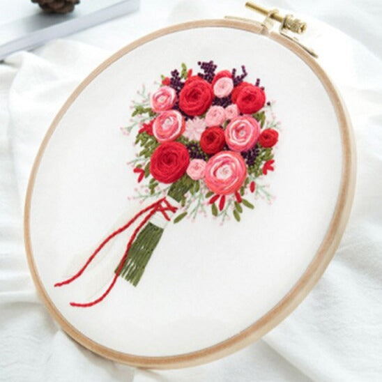 Red Rose Bouquet Embroidery DIY Crocheting Knitting Kit