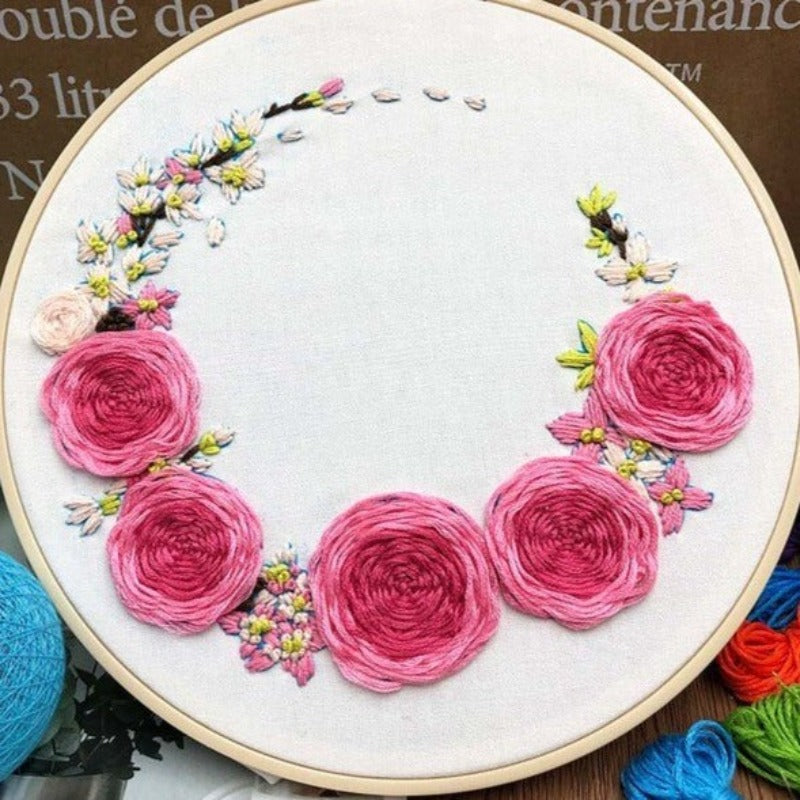 Pink Roses Wreath Embroidery DIY Knitting Kit