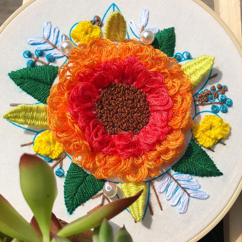 Orange & Red Flower Embroidery DIY Knitting Kit