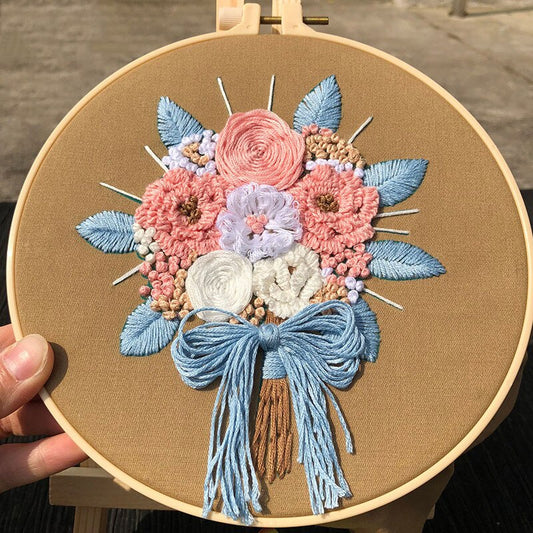 Pink Flowers Embroidery DIY Knitting Kit