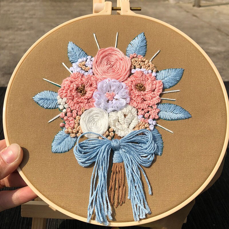 Pink Flowers Embroidery DIY Knitting Kit