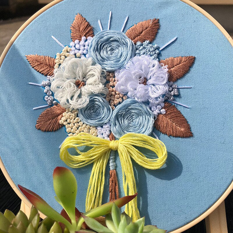 Blue European Flowers Embroidery DIY Knitting Kit