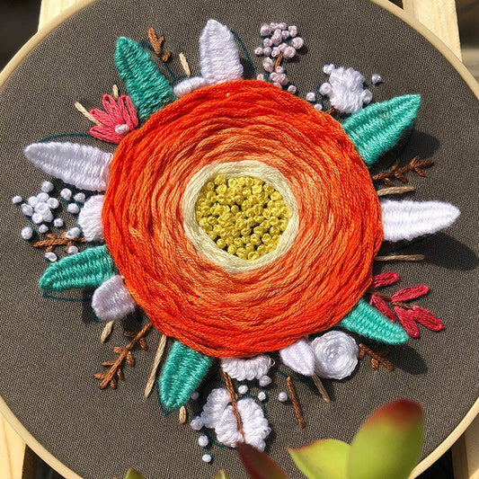 Orange Flower Embroidery DIY Knitting Kit