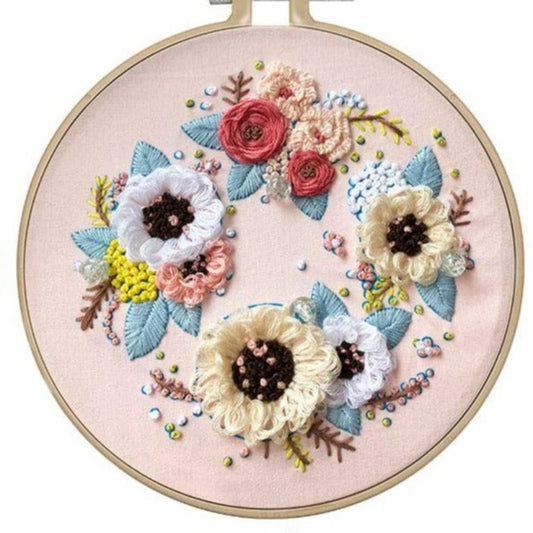 Light Pink Multi Flowers Embroidery DIY Knitting Kit