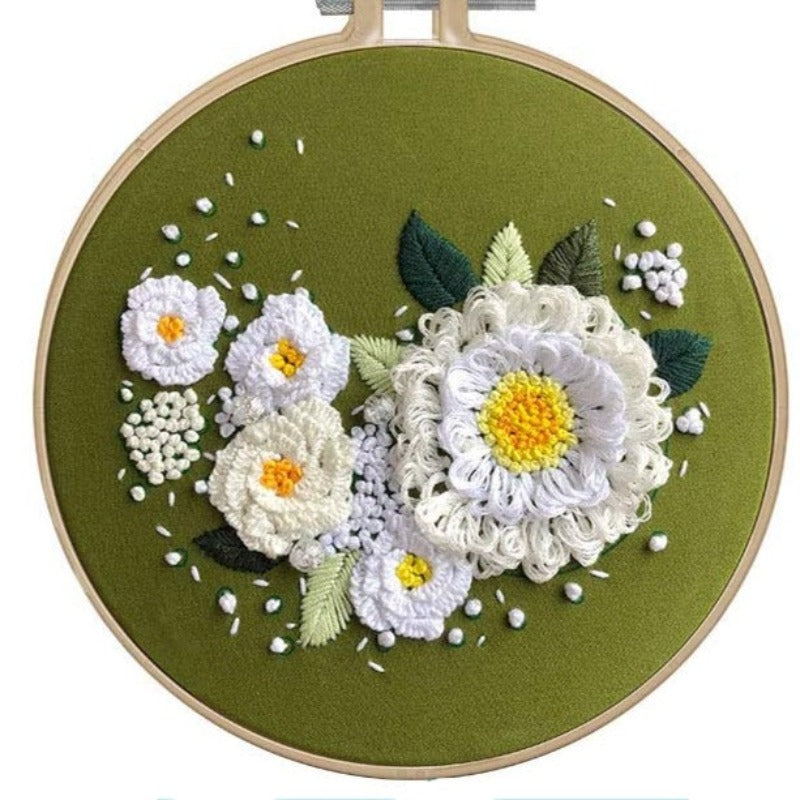 White Flowers Embroidery DIY Knitting Kit
