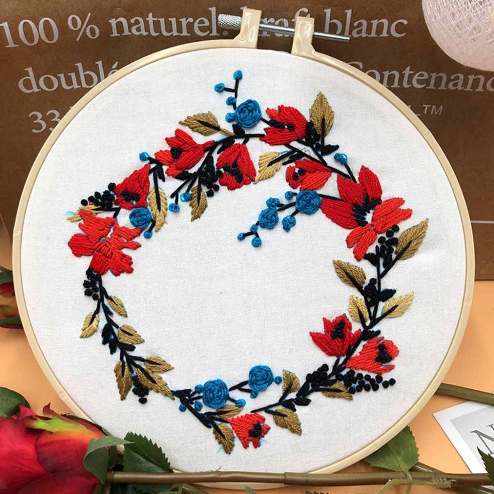 Red Round Flowers Embroidery DIY Knitting Kit