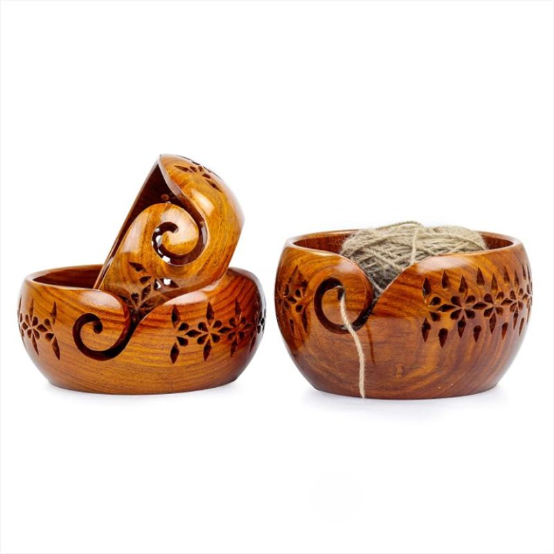 Wooden Yarn Storage Bowl With Carved Holes & Drills Set