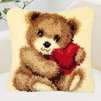 Teddy With Heart Latch Hook Pillow Crocheting Knitting Kit