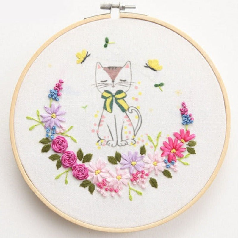 Cute Cat Flowers Embroidery DIY Knitting Kit