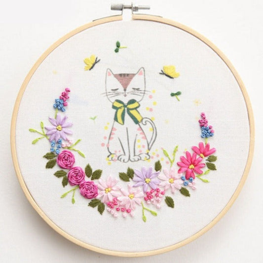 Cute Cat Flowers Embroidery DIY Knitting Kit