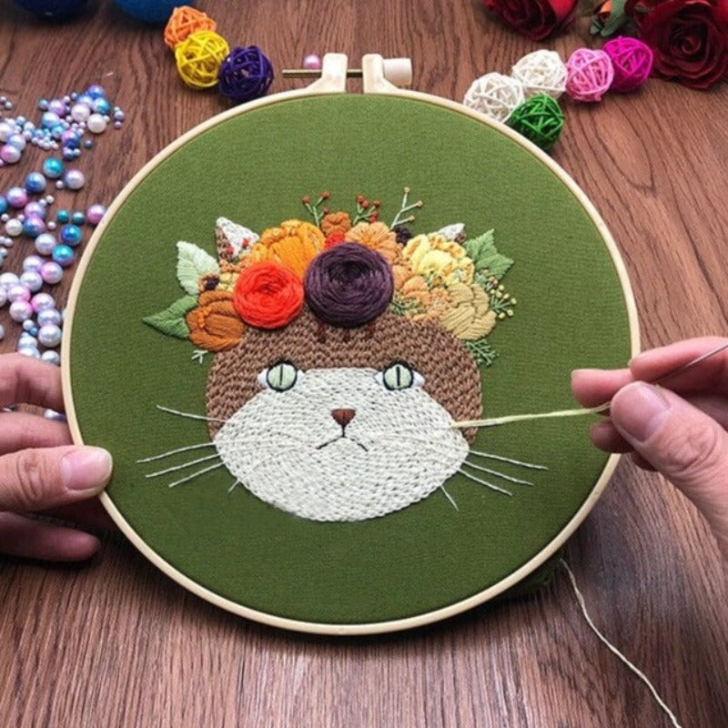 Cat Head Flowers Embroidery DIY Knitting Kit