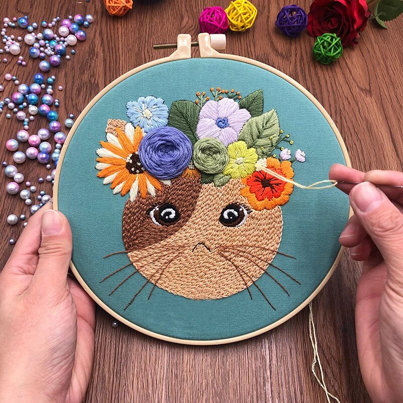 Cat Head Filled With Flowers Embroidery DIY Knitting Kit