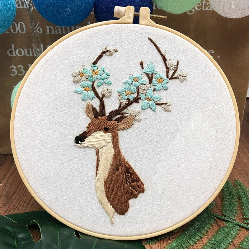 Deer With Blue Flowers Embroidery DIY Knitting Kit