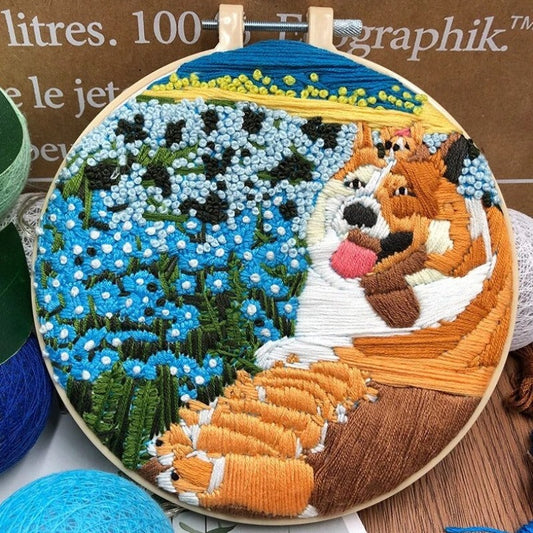 Cute Dog and Flowers Embroidery DIY Knitting Kit