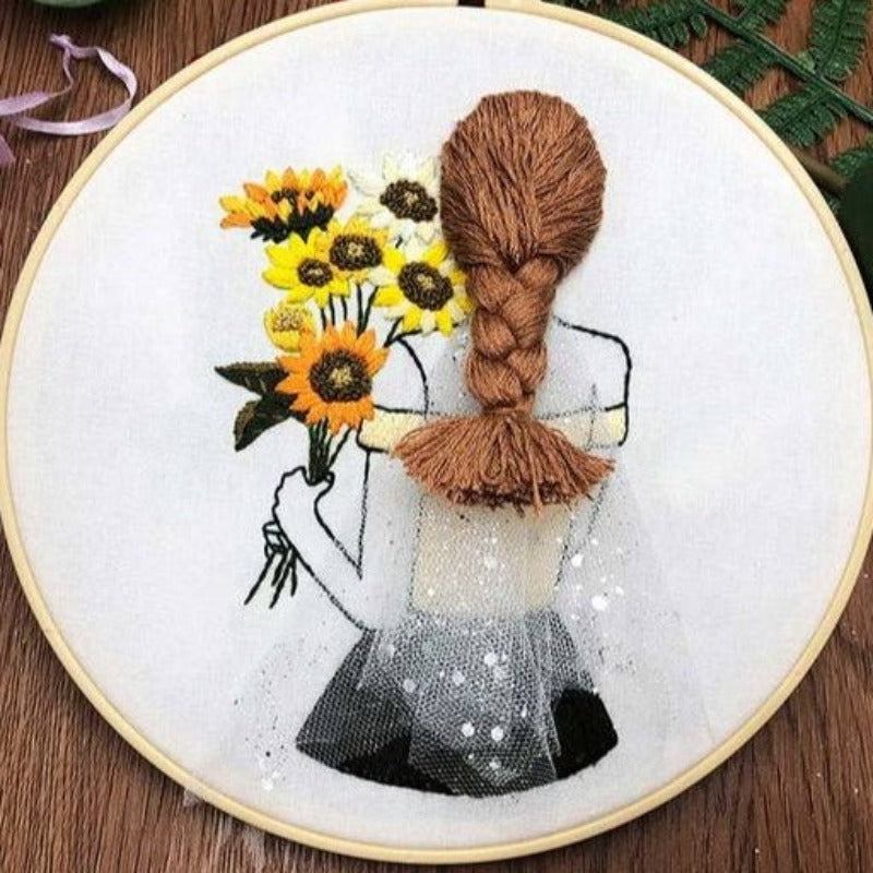 Girl With Sunflowers Embroidery DIY Knitting Kit