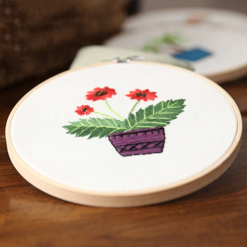 Red Pot Flowers Embroidery DIY Knitting Kit