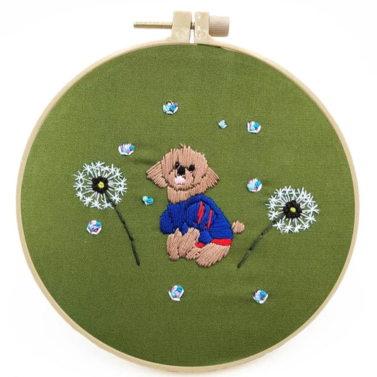 Brown Puppy Embroidery DIY Knitting Kit