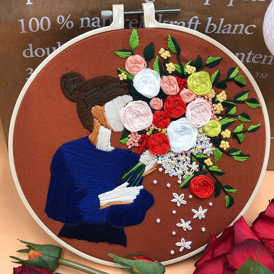 Blue Shirt Girl Embroidery DIY Knitting Kit