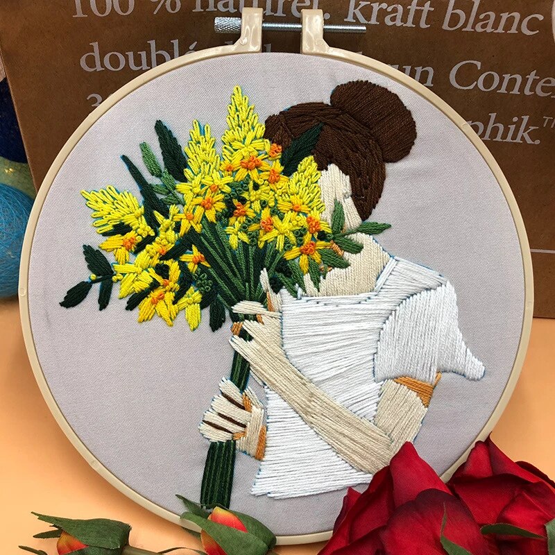 Girl With Yellow Flowers Embroidery DIY Knitting Kit