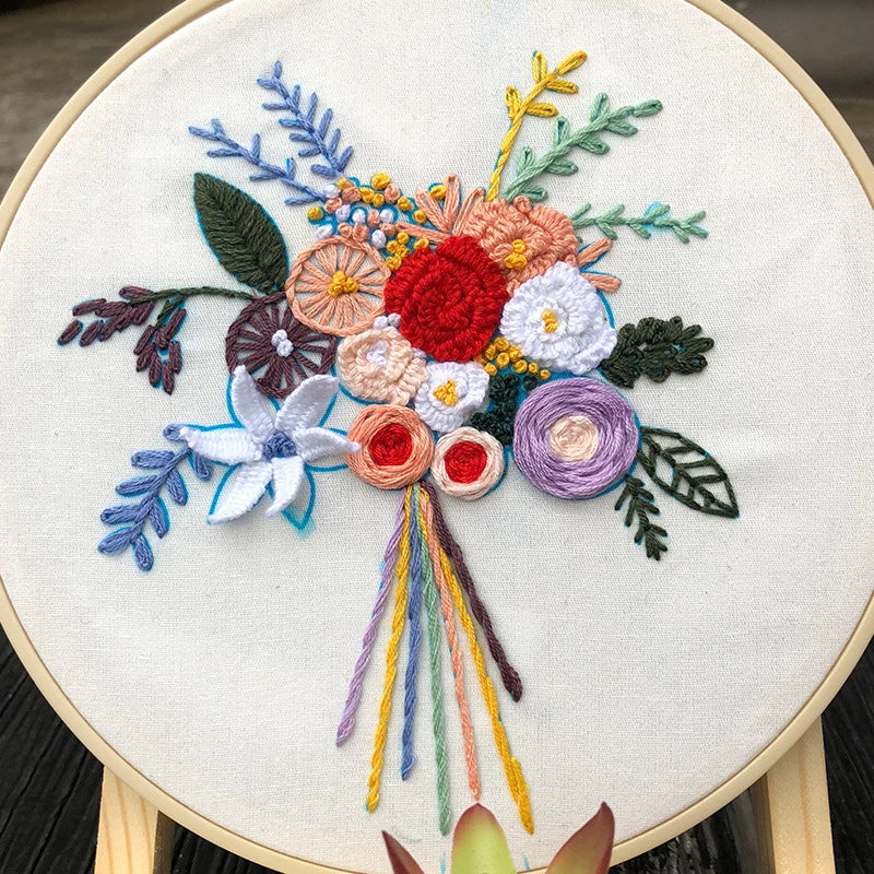 Red & Violet Flowers Embroidery DIY Knitting Kit