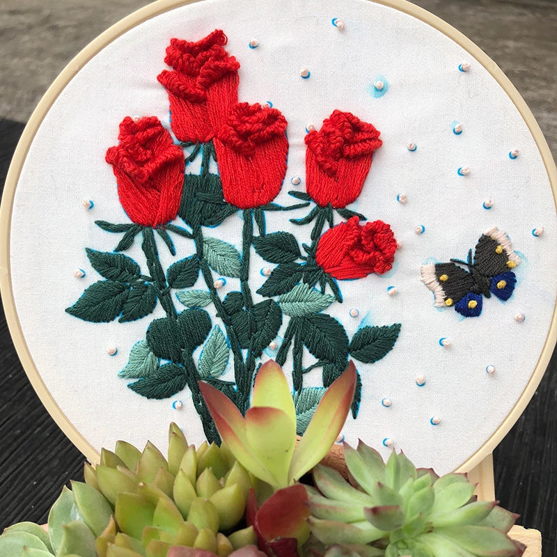 Red Rose Flowers Embroidery DIY Knitting Kit
