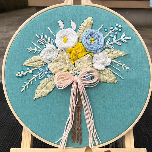 Blue BG Flower Bouquet Embroidery DIY Knitting Kit