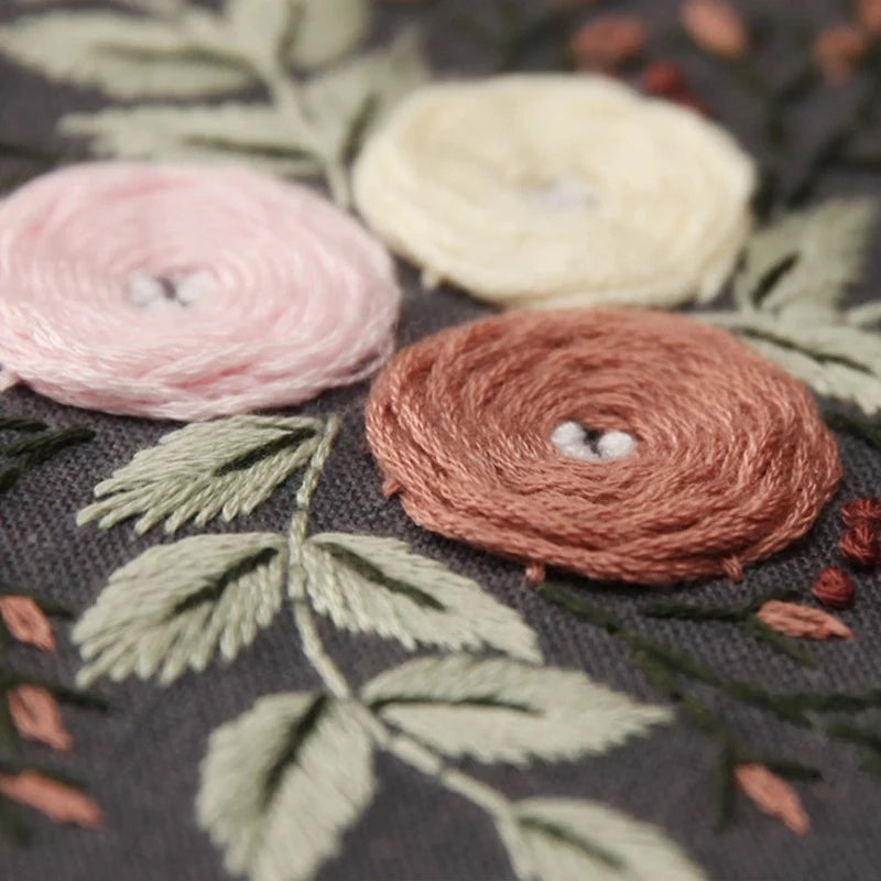 Brown & Pink Flower Embroidery DIY Knitting Kit