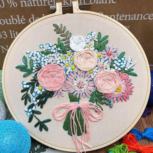 Pink Flowers Embroidery DIY Knitting Kit