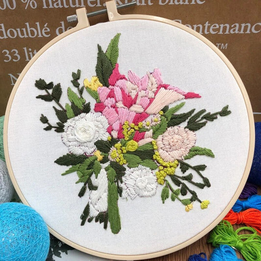 Pink & White Flowers Embroidery DIY Knitting Kit