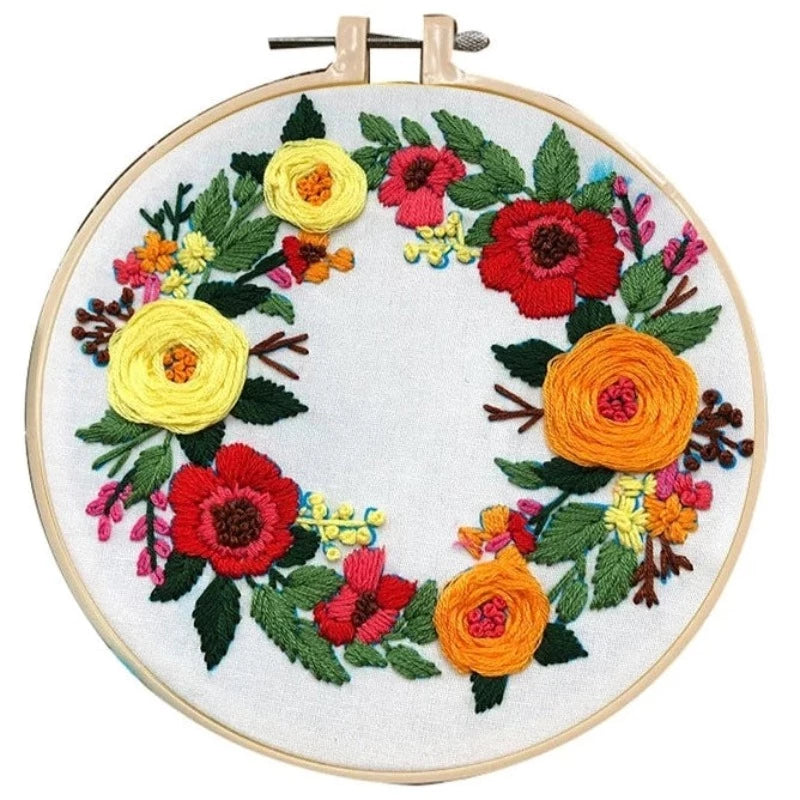 Round Red & Yellow Flowers Embroidery DIY Knitting Kit
