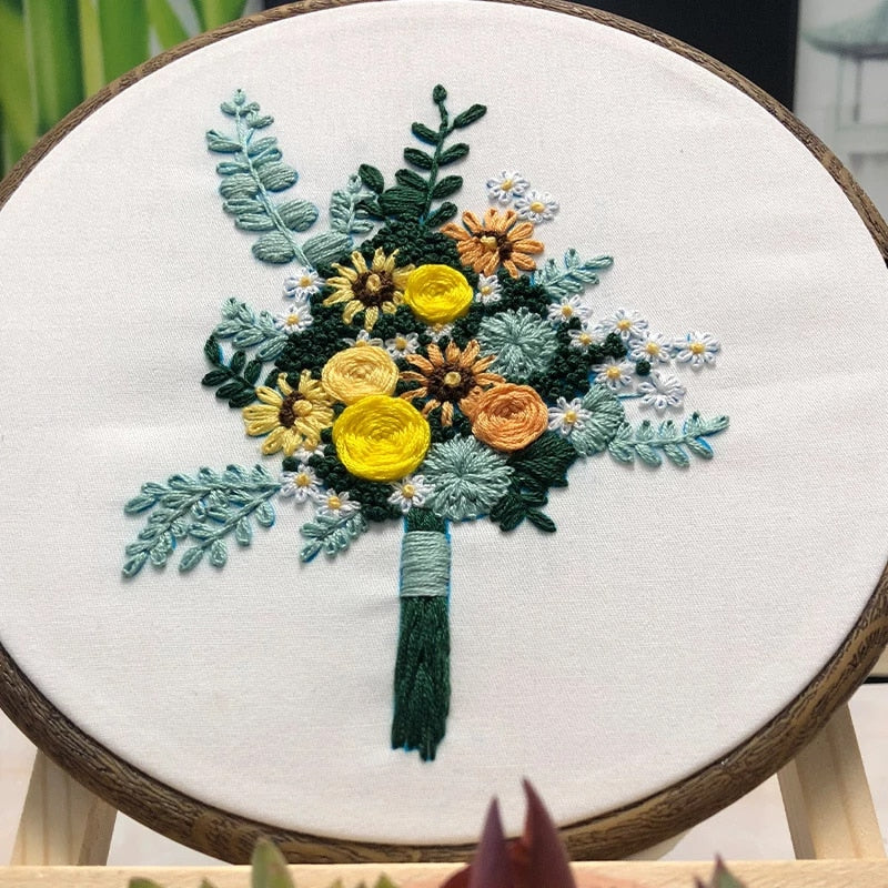 Yellow & Teal Flower Bouquet Embroidery DIY Knitting Kit