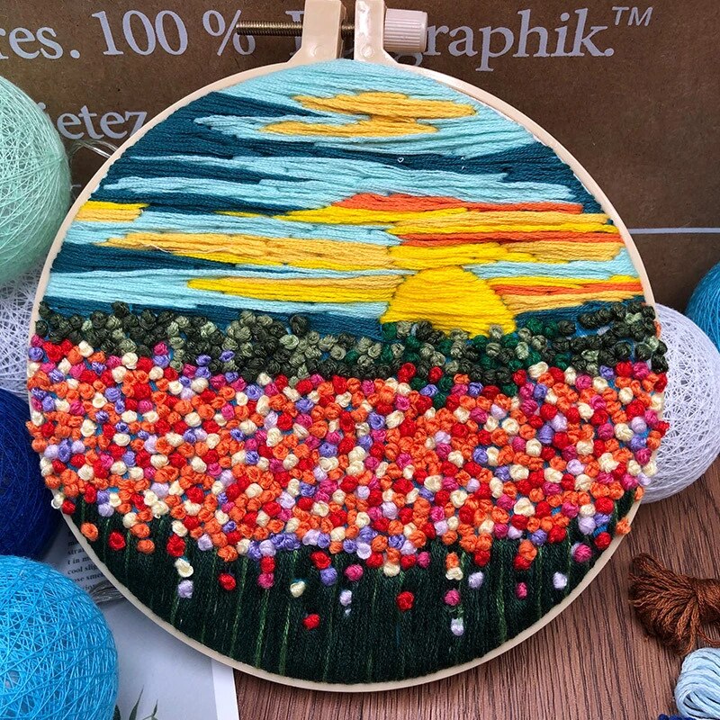 Sun Set Flowers Field Embroidery DIY Knitting Kit