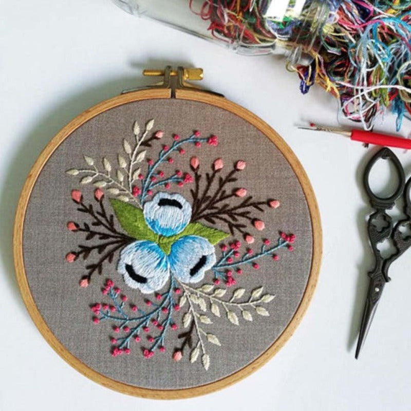 Blue and Small Flowers Embroidery DIY Knitting Kit
