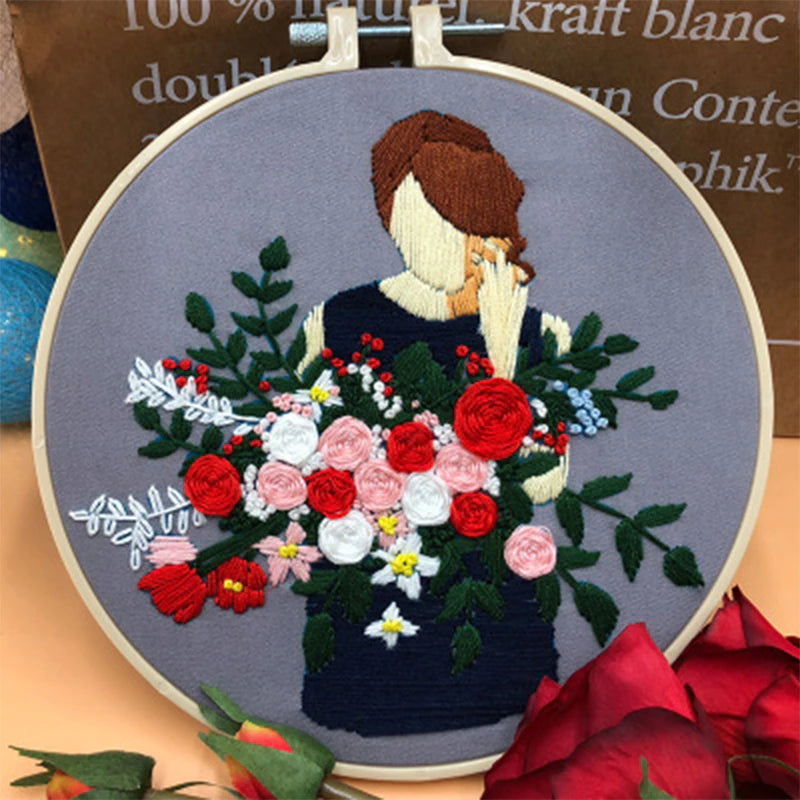 Sad Girl With Flowers Embroidery DIY Knitting Kit