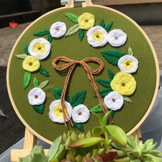 Green Background Yellow Flowers Embroidery DIY Knitting Kit