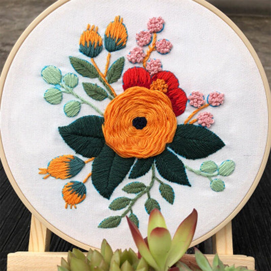 Orange & Red Flowers Embroidery DIY Knitting Kit