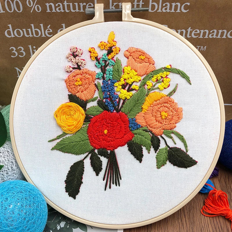 Red & Pink Roses Bouquet Embroidery DIY Knitting Kit