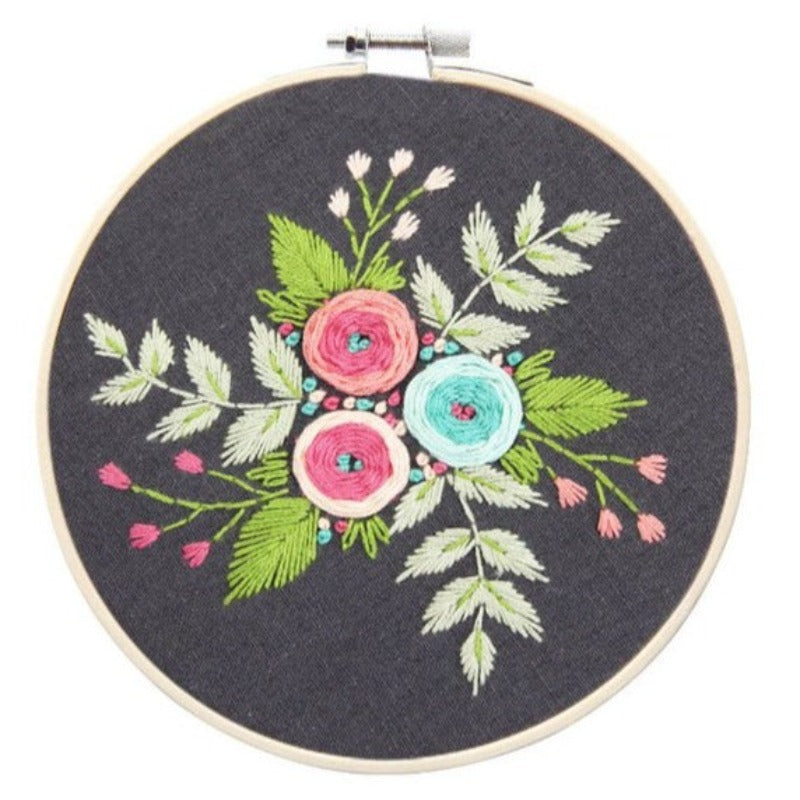 Pink Flowers & Green Leaves Embroidery DIY Knitting Kit