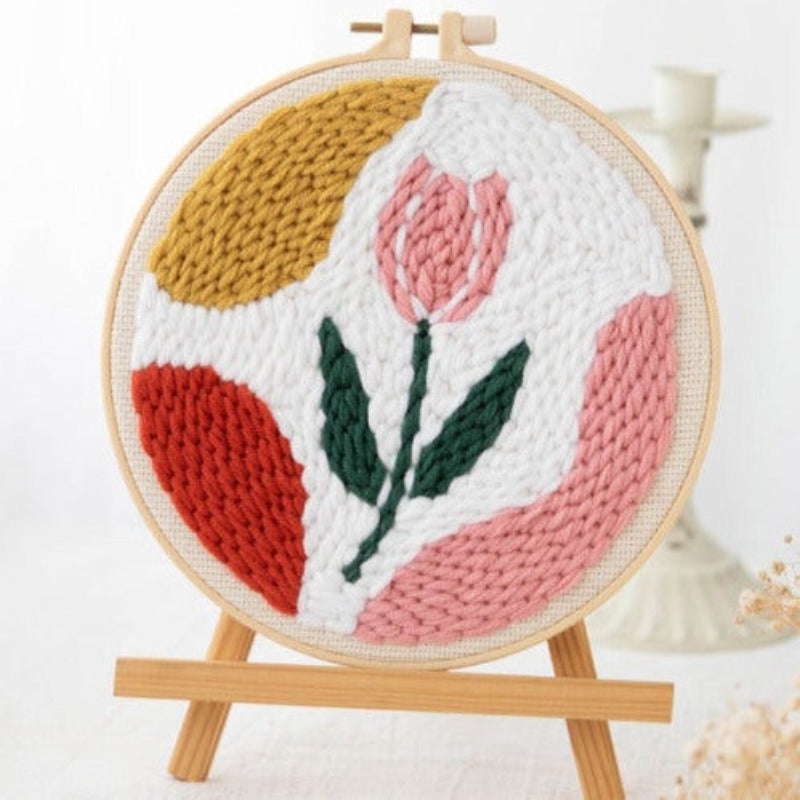 Pink Flower & Green Leaf Embroidery DIY Knitting Kit