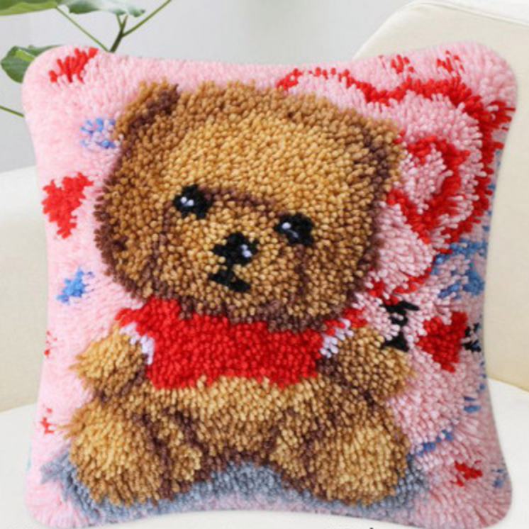 Bear With Hearts Latch Hook Pillow Crocheting Knitting Kit