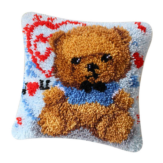 Blue Bear With Hearts Latch Hook Pillow Crocheting Knitting Kit