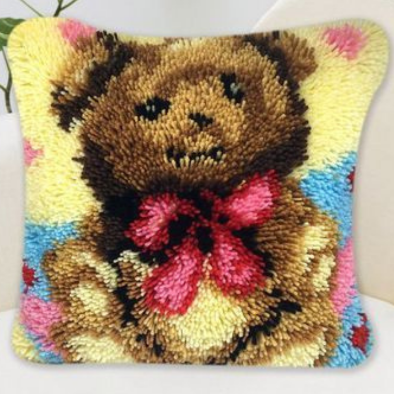 Bear With Red Bow Latch Hook Pillow Crocheting Knitting Kit