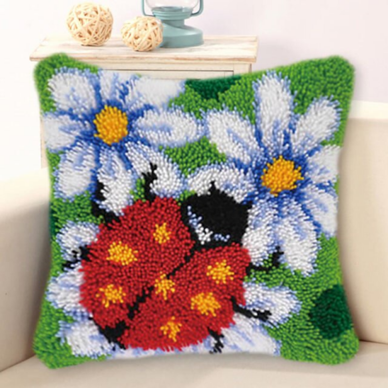 Lady Bug On Flower Latch Hook Pillow Crocheting Knitting Kit