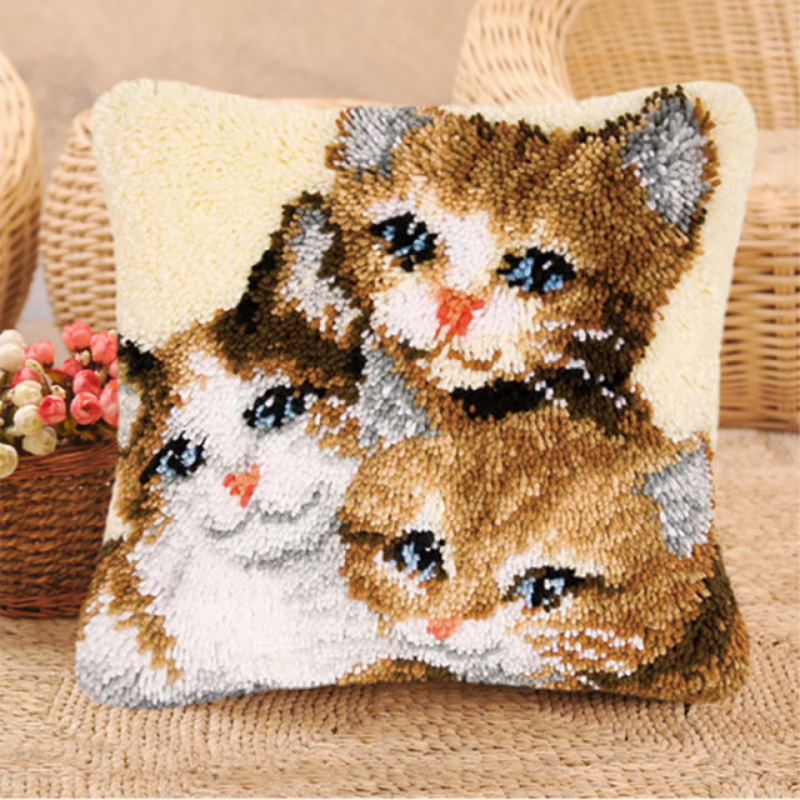 Three Cute Cats Latch Hook Pillow Crocheting Knitting Kit