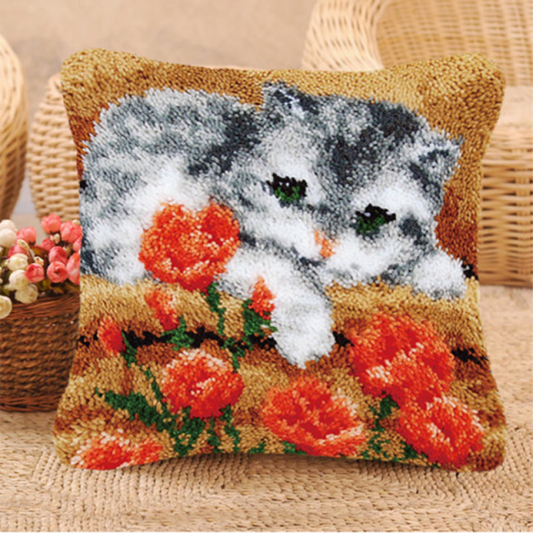 Kitten On Flowers Latch Hook Pillow Crocheting Knitting Kit