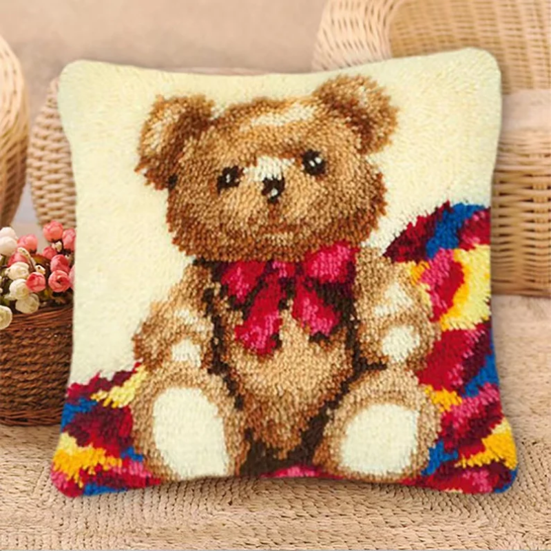 Cute Teddy Bear Latch Hook Pillow Crocheting Knitting Kit