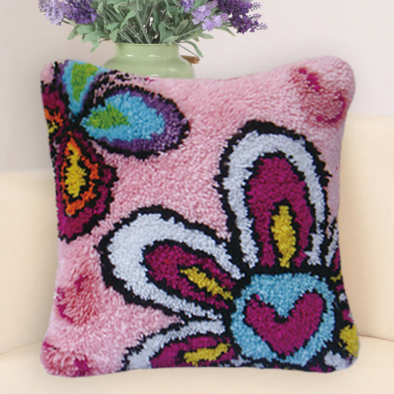 Butterfly With Flower Latch Hook Pillow