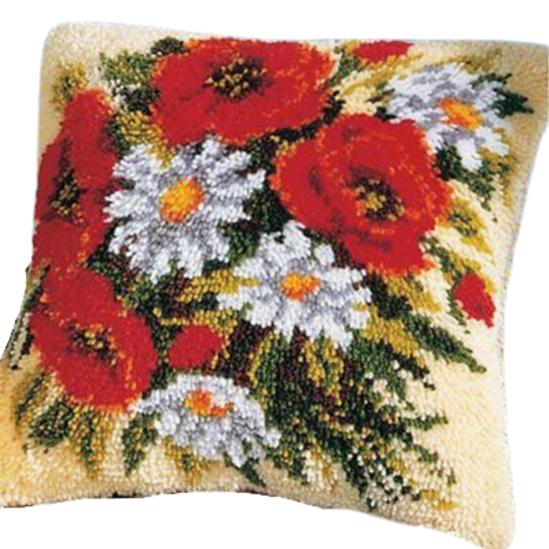 White And Red Flowers Latch Hook Rug Crocheting Knitting Kit