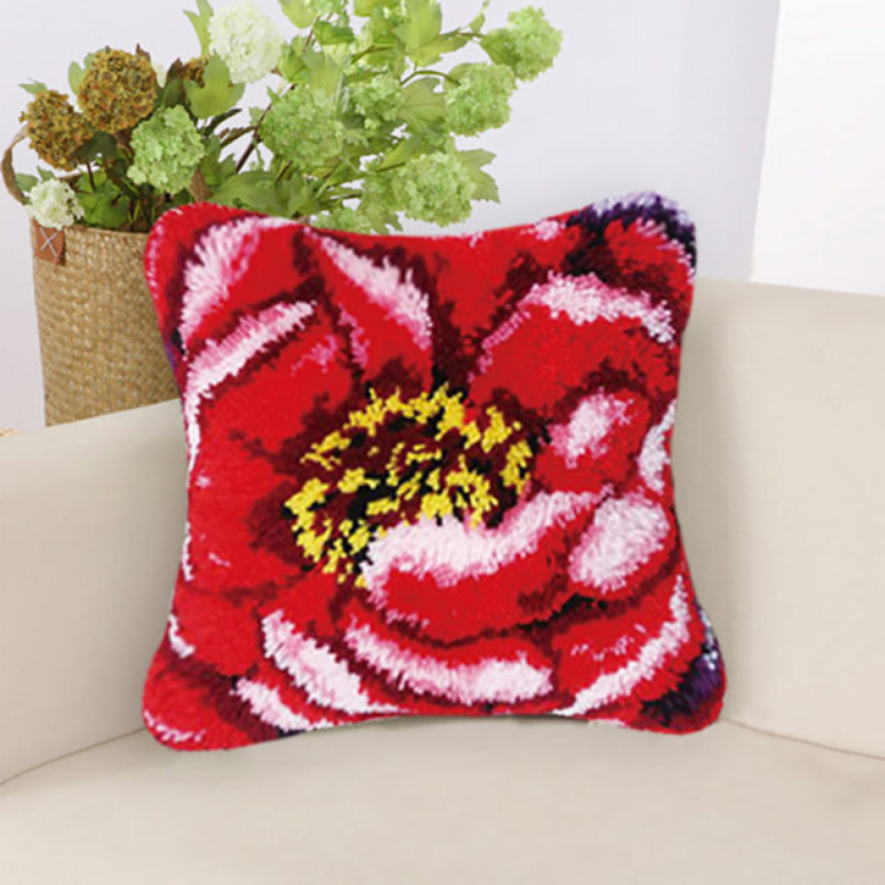 Beautiful Red Flower Latch Hook Pillow Crocheting Knitting Kit