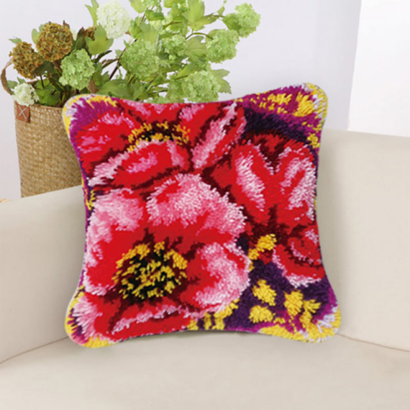 Three Beautiful Red Flower Rug Crocheting Knitting Kit